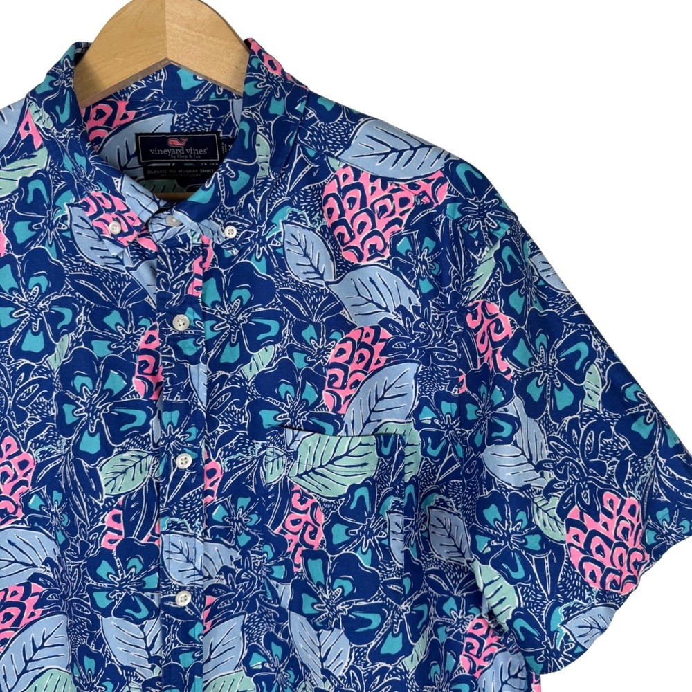 Vineyard Vines Mens XL Blue Pink Pineapple Floral Murray Classic Fit SS Shirt